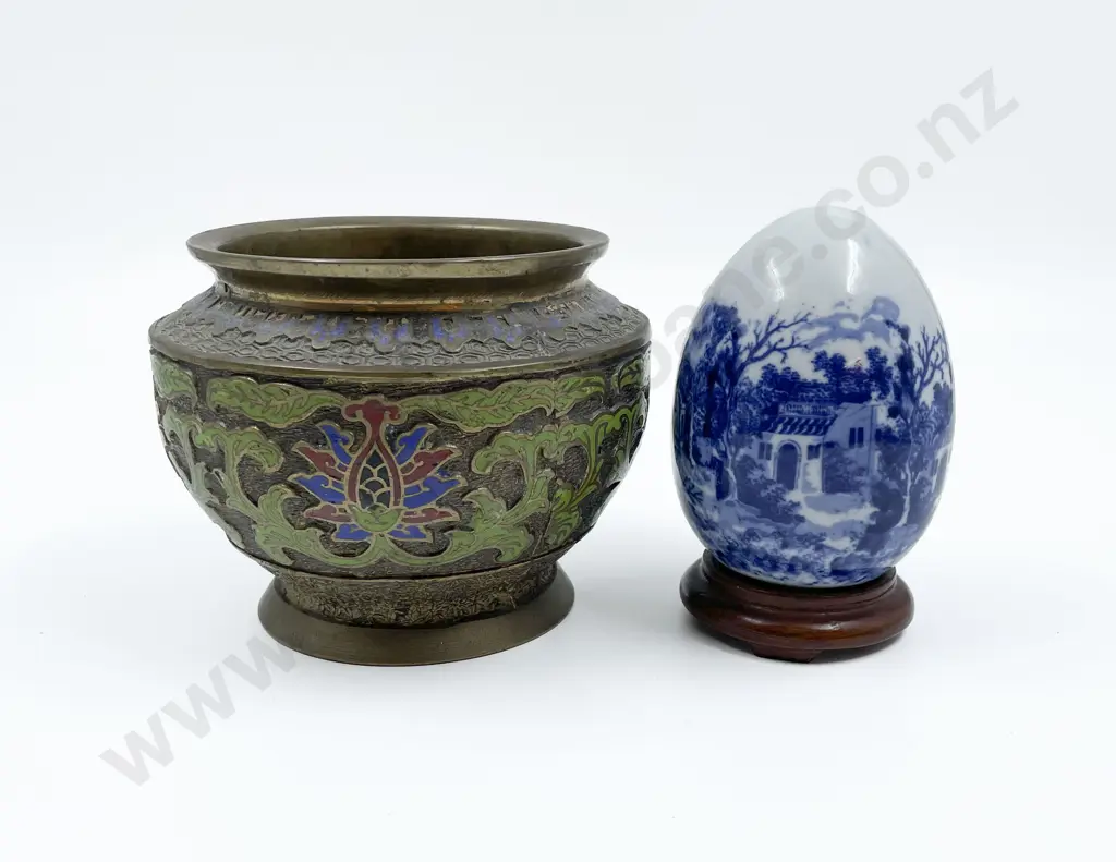 Decorative Blue & White Egg Together With Decorative Brass Vase Image 1++