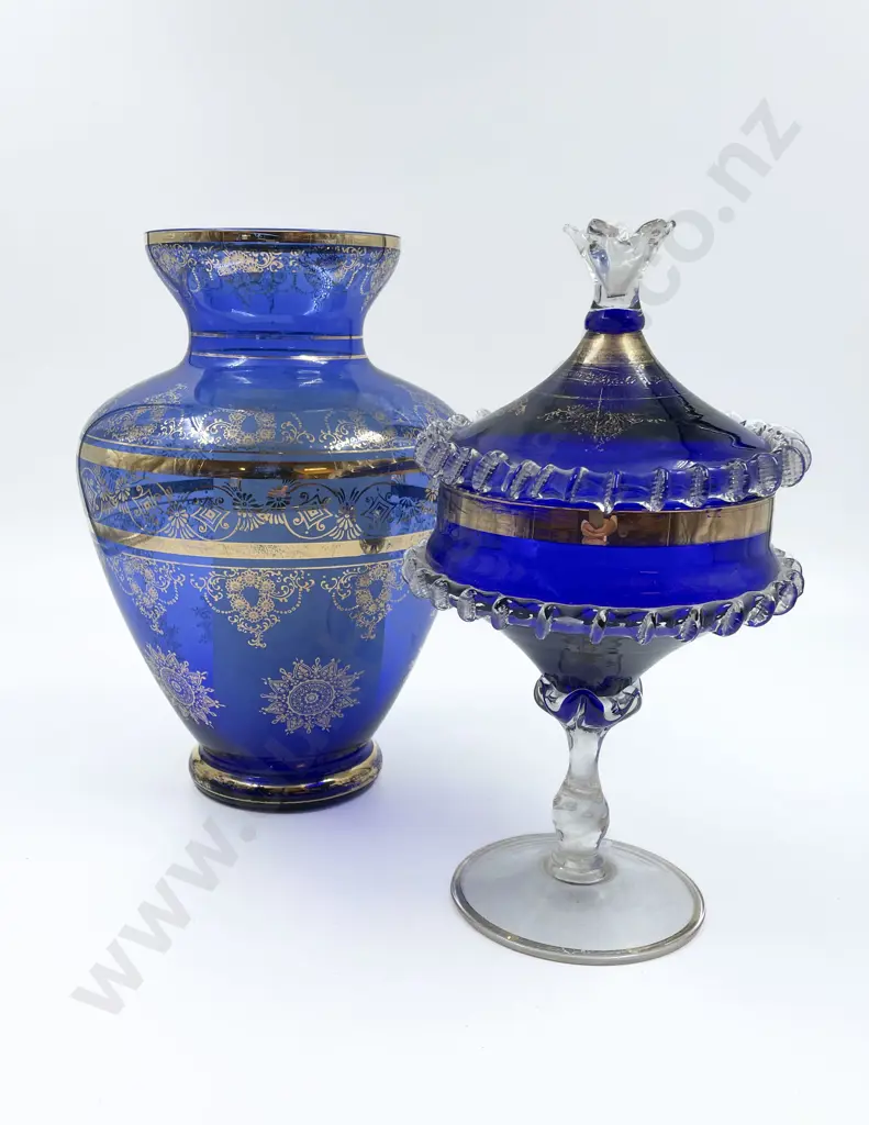 Two Pieces of Decorative Blue Art Glass Image 1++