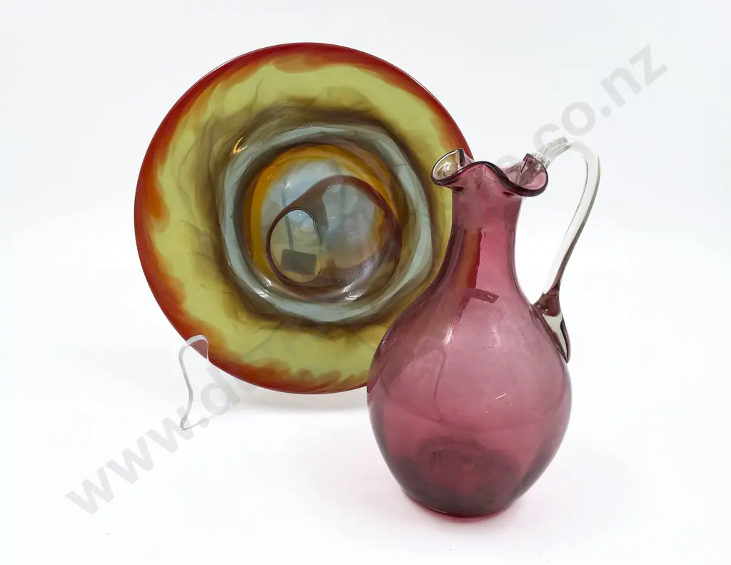 Cranberry Glass Jug Together With Art Glass Plate Image 1++