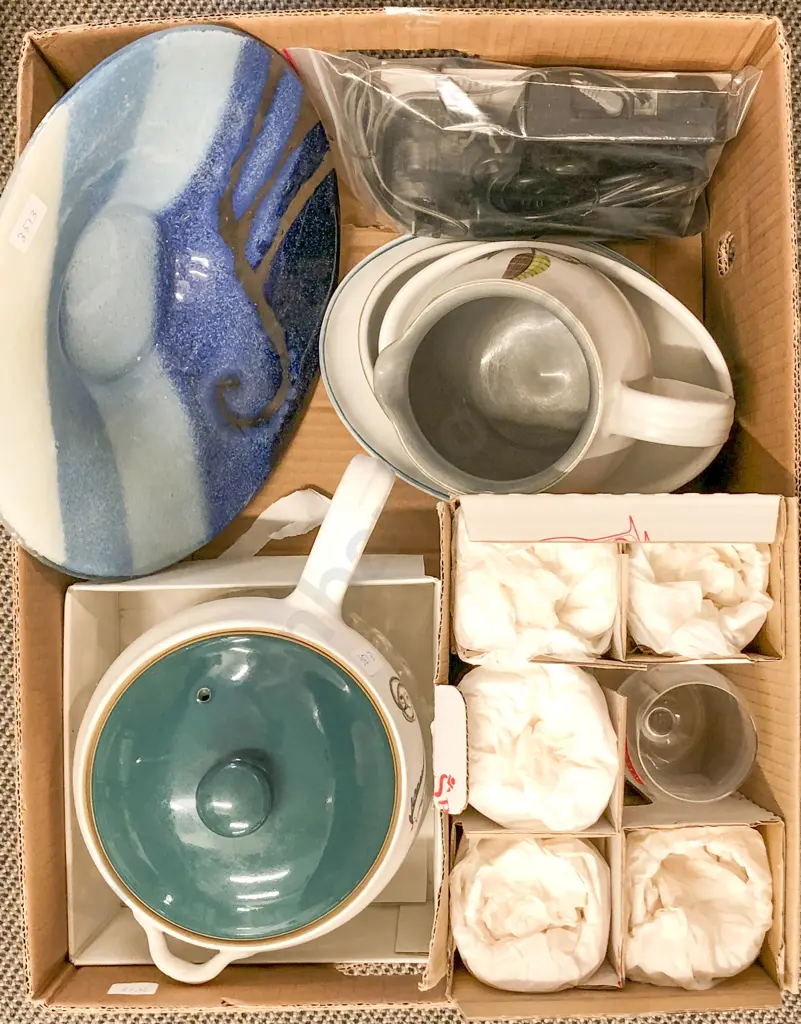 Box of Assorted Incl. Art Glass and Denby Stoneware Etc. Image 1++