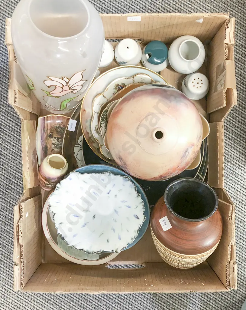 Box of Assorted Incl. Pottery with China and Glass Vase Image 1++