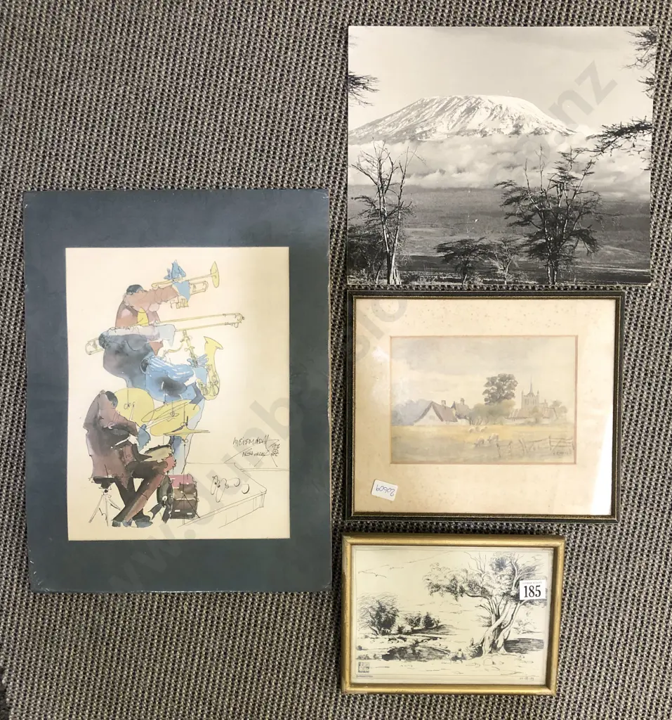 Small English Watercolor by E. E. Hayes Together With Jazz Watercolor and Two Other Works (4) Image 1++