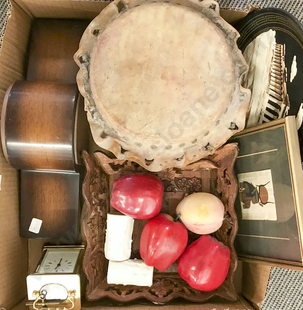 Box of Assorted Incl. Mantle Clock and Decorative Fruit Etc. Image 1++