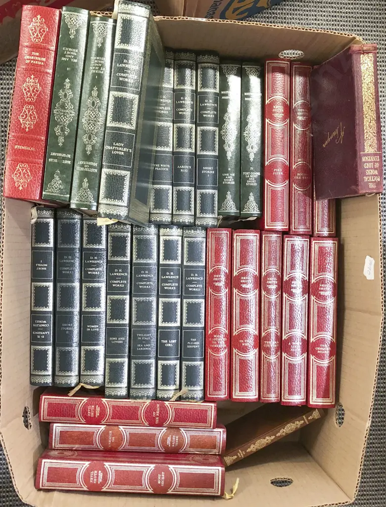 Large Box of Assorted Leather Bound Books Incl. by Nevil Shute and D. H. Lawrence Image 1++