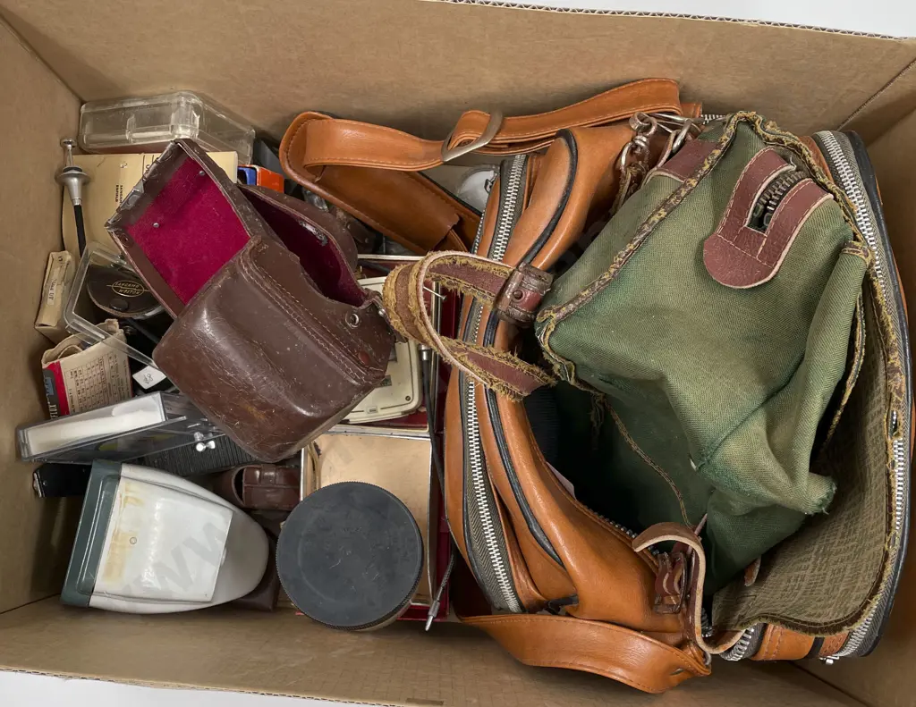 Box of Assorted Vintage Camera Bags and Accessories Image 1++