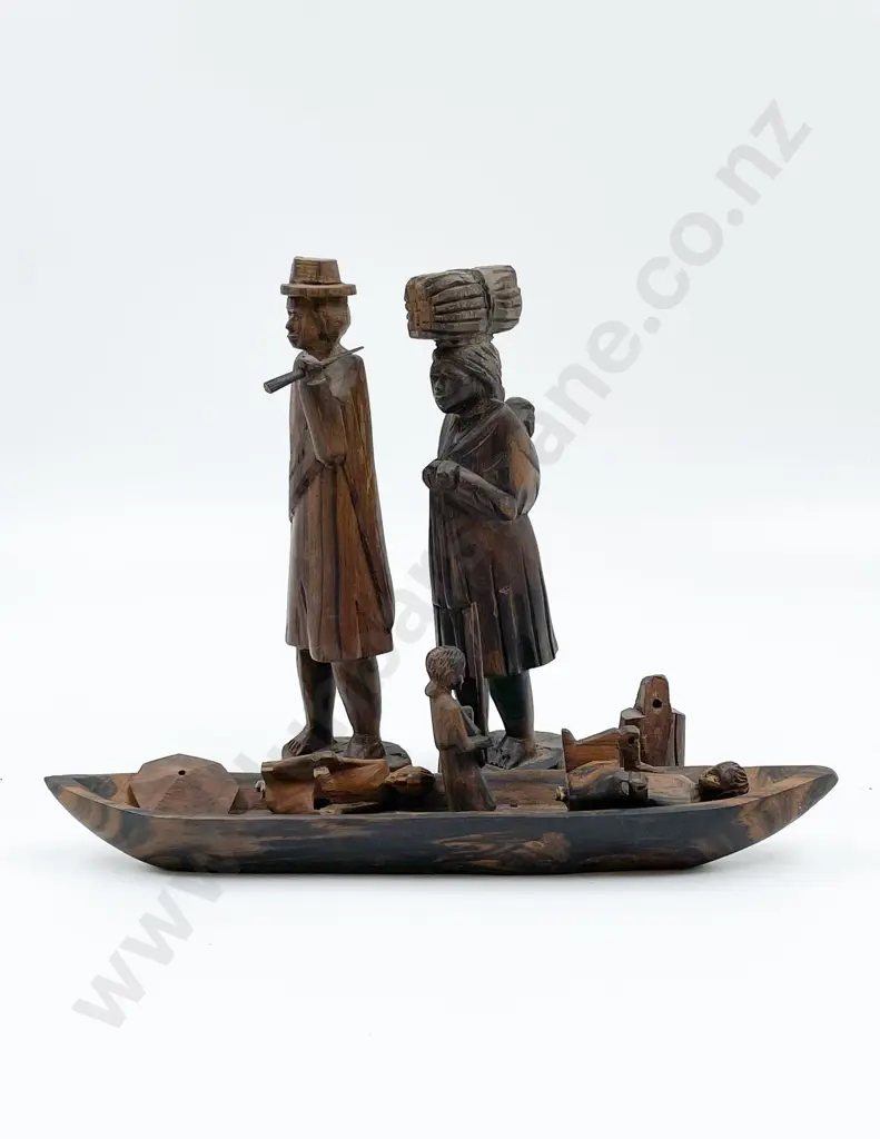 Madagascar Wooden Carvings including Boat Group Figure and Two Others Image 1++