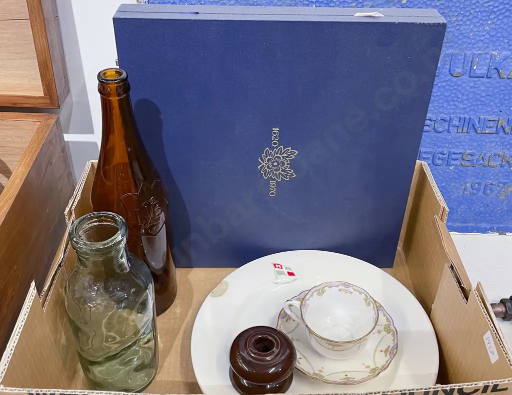 Box of Assorted China and Vintage Glass Bottles Incl. Boxed Spode Commemorative Plate (AF) Image 1++