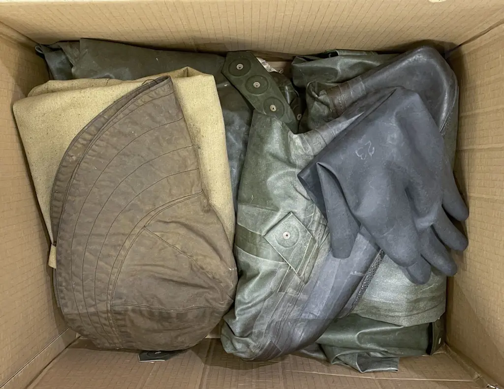 Box of Assorted Protective Fishing Gear Incl. Jacket and Trouser Boots with Gloves and Hat Image 1++