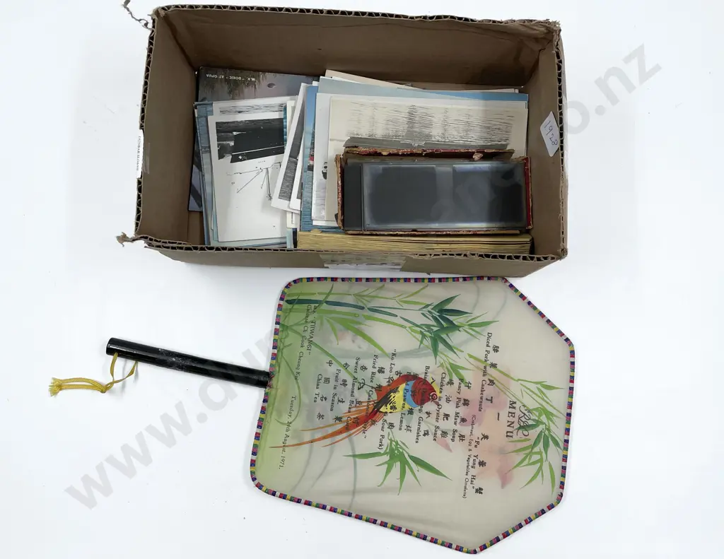 Box of Assorted Incl. Fans and Glass Plate Negatives with Ship Postcards Image 1++