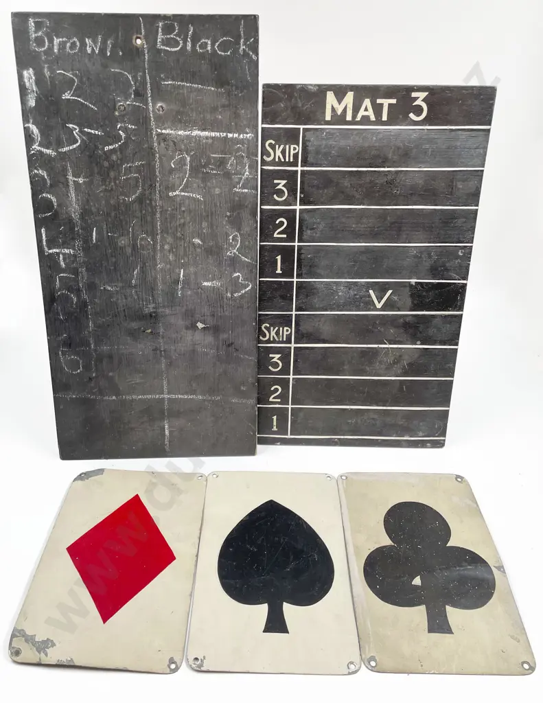 Two Vintage Recording Boards Together With Three Tin Playing Card Suite Signs Image 1++