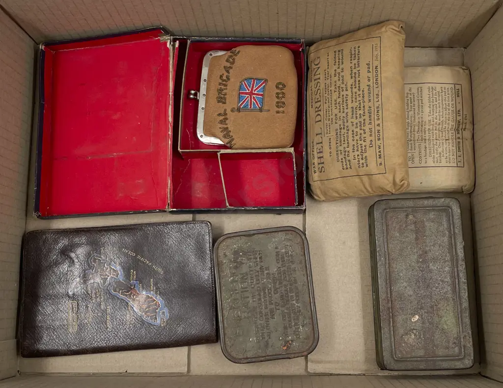 Box of Assorted Incl. Goatskin Wallet with Vintage Tins and Field Dressing Packs Image 1++