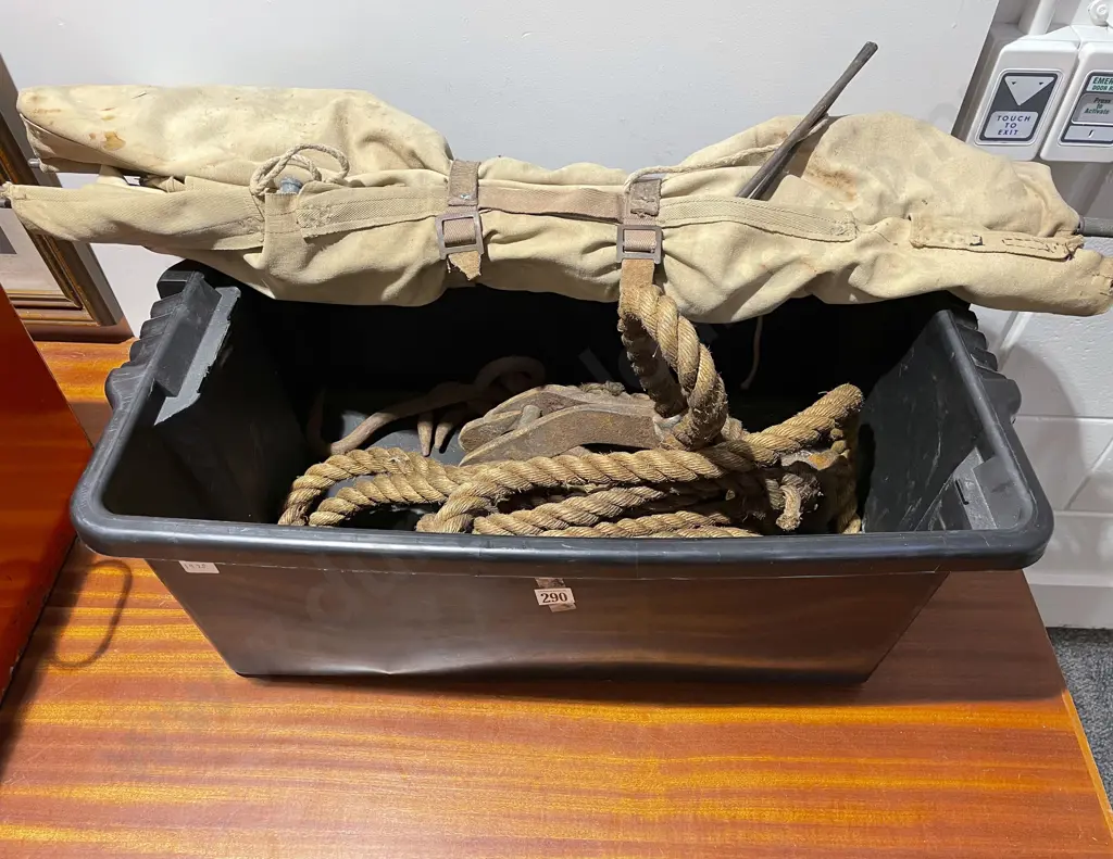 Vintage Cargo Hooks and Rope Together with Camp Stretcher Image 1++