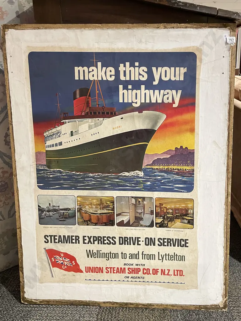 Vintage Lane's Emulsion New Life Poster on Board with Union Steam Ship NZ Advertising to Reverse Image 1++