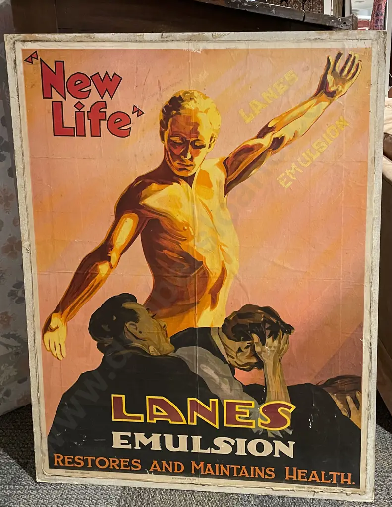 Vintage Lane's Emulsion New Life Poster on Board with Union Steam Ship NZ Advertising to Reverse Image 1++