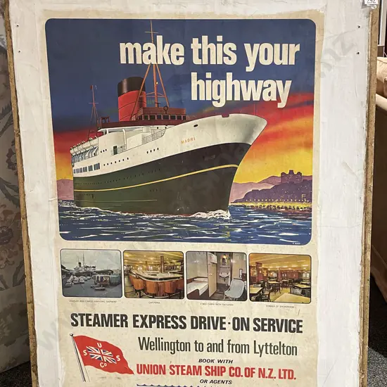 Vintage Lane's Emulsion New Life Poster on Board with Union Steam Ship NZ Advertising to Reverse