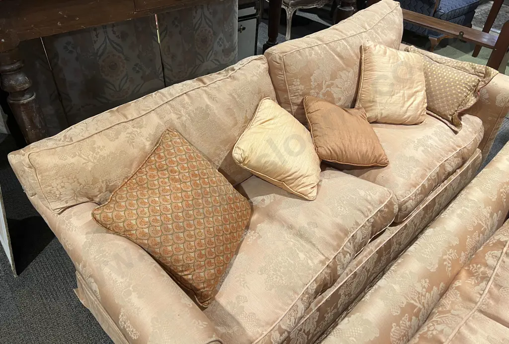 Pair of Two Seater Floral Upholstered Sofas with Assortment of Cushions Image 1++