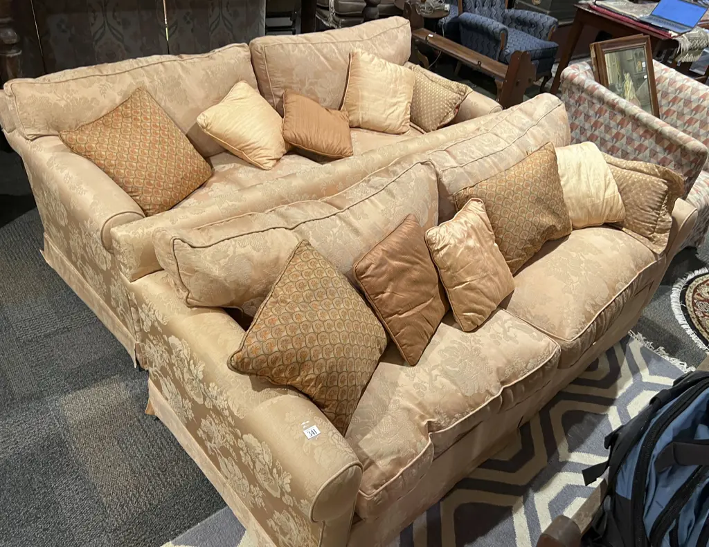 Pair of Two Seater Floral Upholstered Sofas with Assortment of Cushions Image 1++
