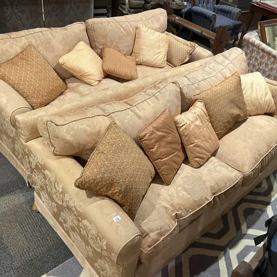 Pair of Two Seater Floral Upholstered Sofas with Assortment of Cushions