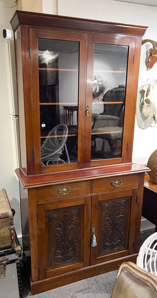 Glazed Door Bookcase Cabinet with Carved Panel Doors to Base Image 1++