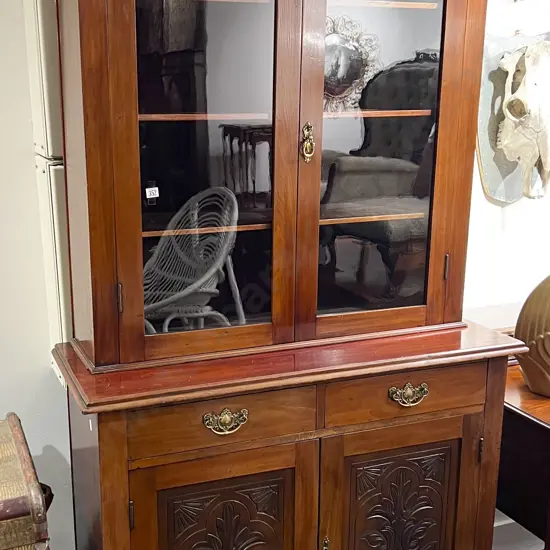 Glazed Door Bookcase Cabinet with Carved Panel Doors to Base