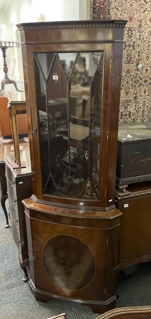 Reproduction Glazed Door Corner Cabinet with Inlaid Cabinet Base Image 1++