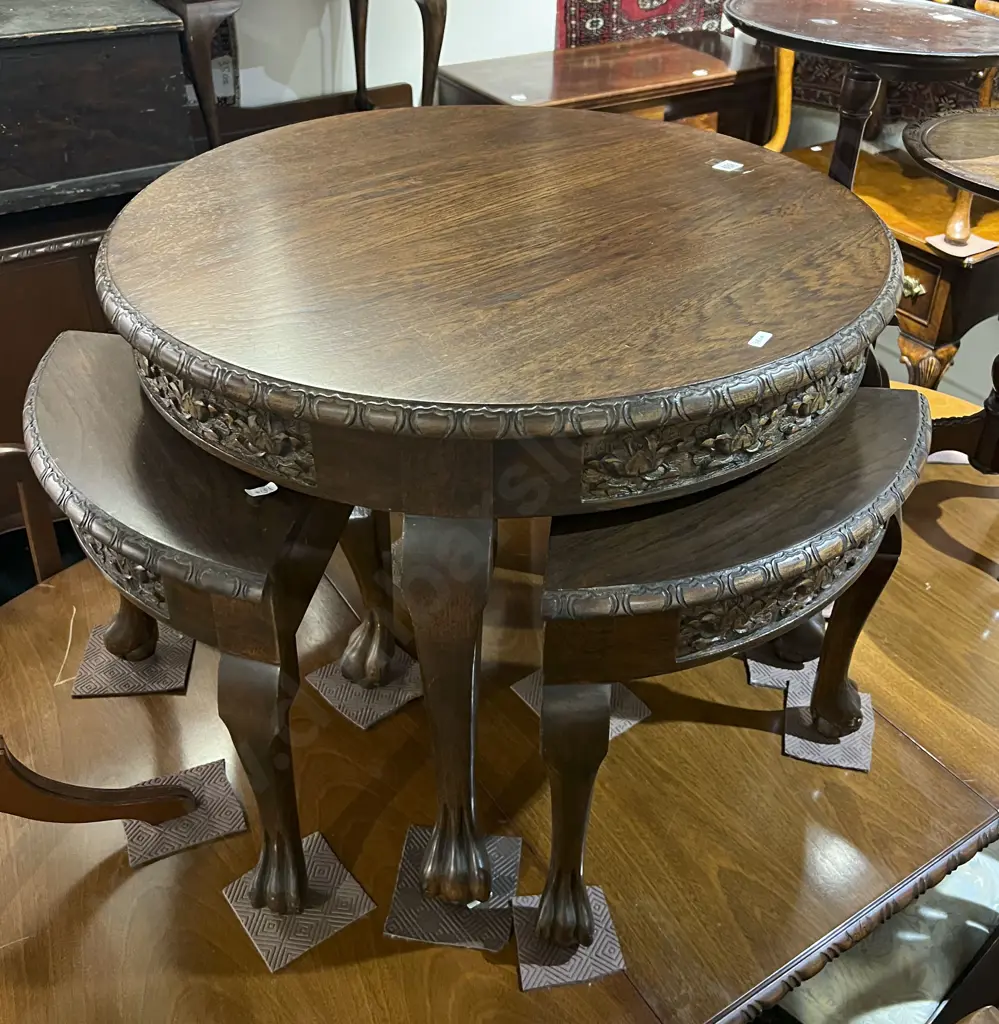 Carved Circular Coffee Table With Four Quarter Matching Stools Image 1++