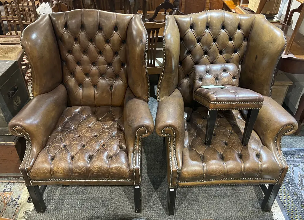 Pair of Leather Library Wing Armchairs and Matching Footstool Image 1++