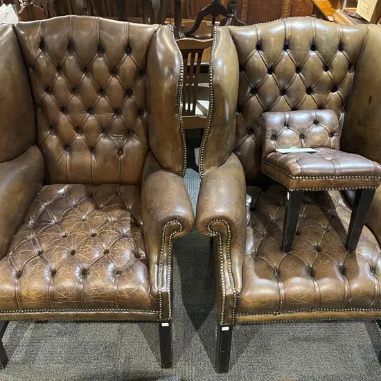 Pair of Leather Library Wing Armchairs and Matching Footstool
