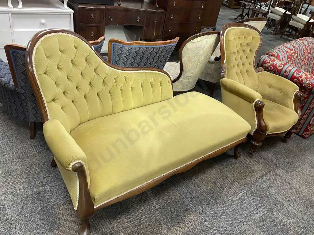 Upholstered Button Back Chaise Together with Matching Grandfather Chair Image 1++