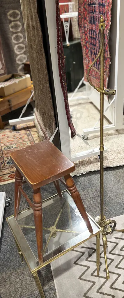 Brass Glass Top Coffee Table With Brass Lamp(Faults) Together With Wooden Stool Image 1++
