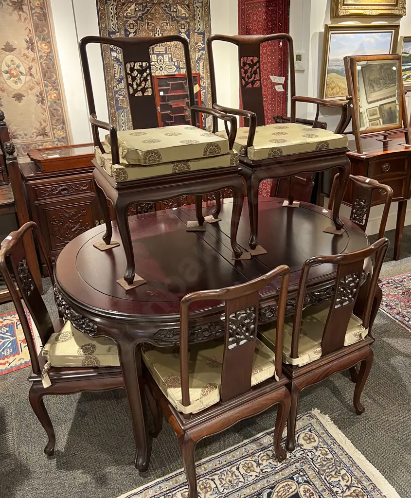 Chinese Extension Dining Table Together With Six Dining Chairs and Two Carvers Image 1++