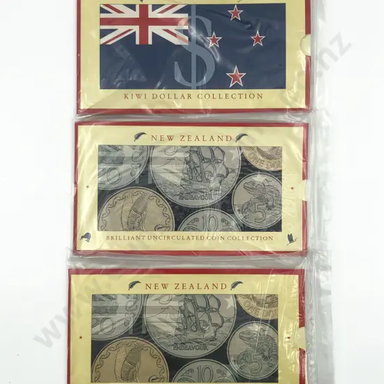 NZ 1990 Kiwi Dollar Bank Note Coin Sets x3
