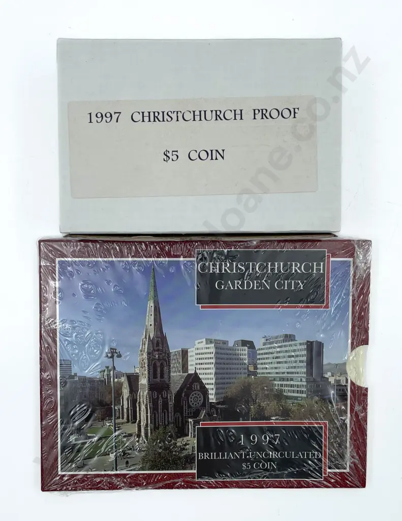 NZ 1997 Christchurch City Silver Proof Five Dollar and Unc Image 1++