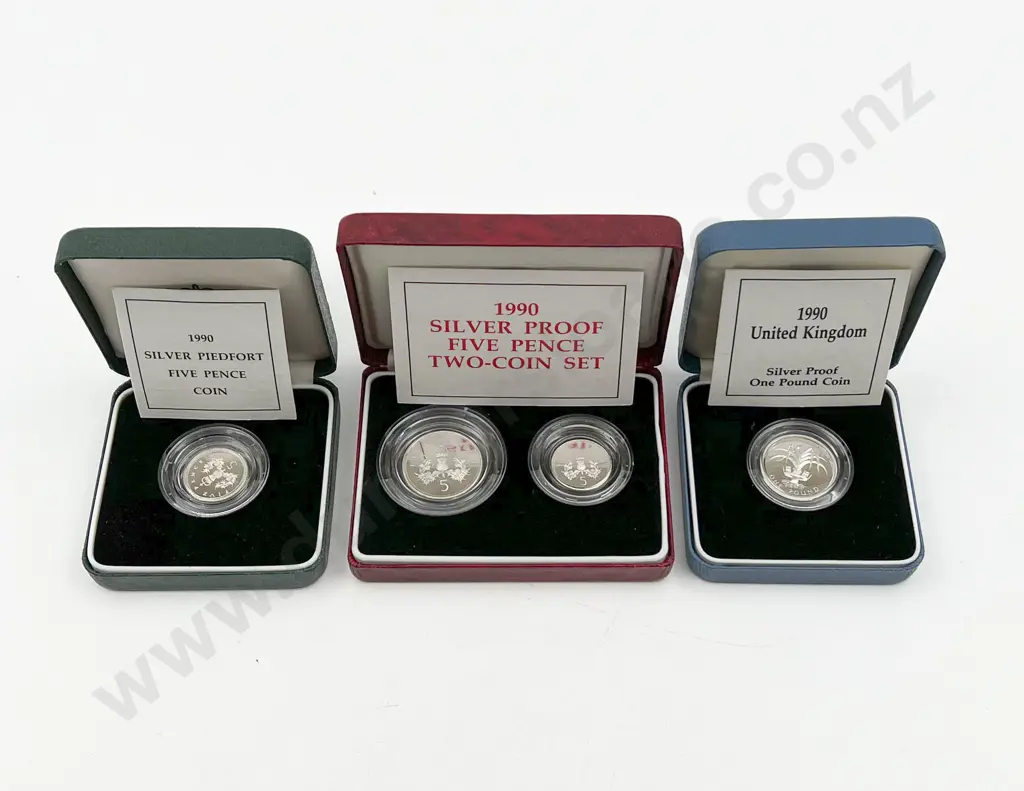UK 1990 5p Silver Proof Piedfort Coin and £1 Silver Coin Proof Image 1++