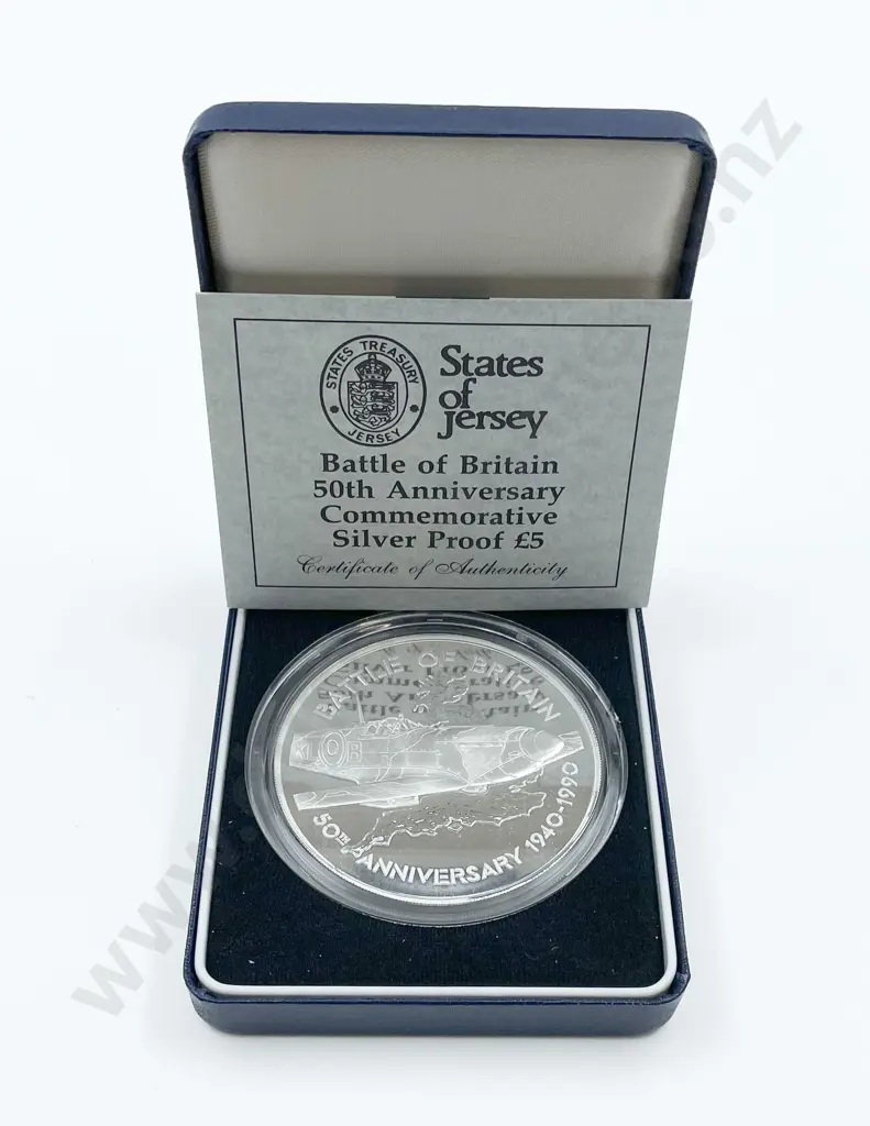 Bailiwick of Jersey 1990 Royal Mint Battle Britain 50th Anniversary Silver Proof £5 5oz Coin Image 1++