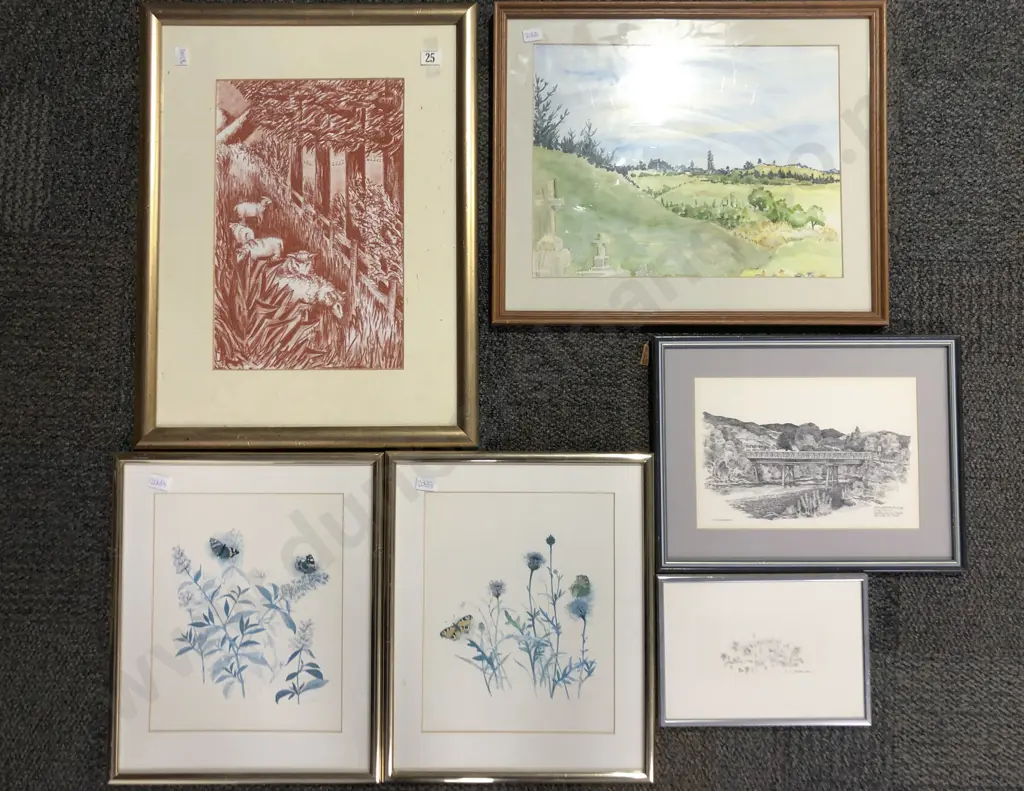 Six Assorted Framed Prints and Originals Including Pair of Botanical Prints Image 1++