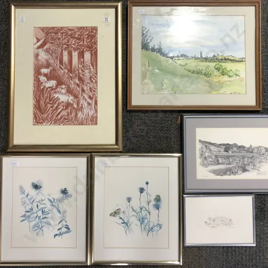 Six Assorted Framed Prints and Originals Including Pair of Botanical Prints