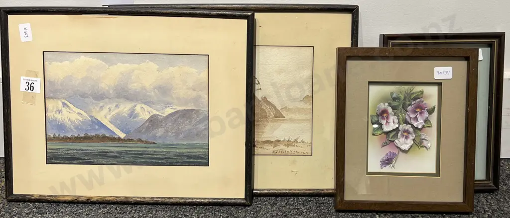 Two Watercolors by Walter Lesley Together With Two Mixed Media Works Image 1++
