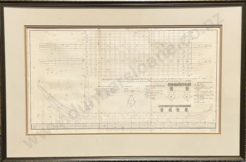 Vintage Bookplate of A Draught Plan and Section of the Britannia Otaheite War Canoe Image 1++