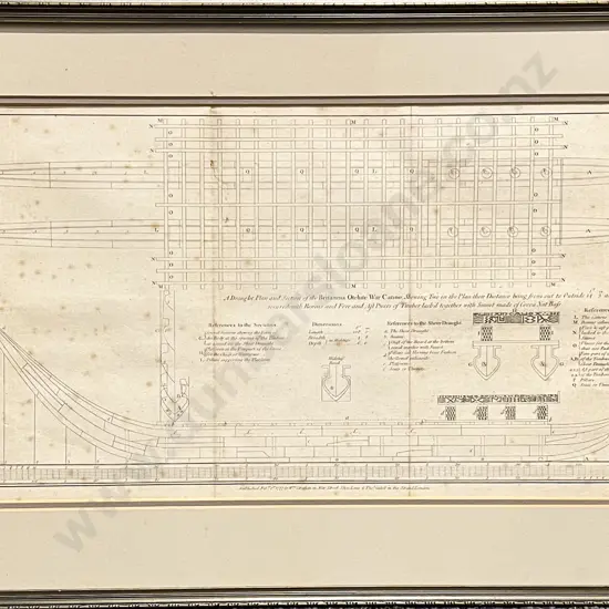 Vintage Bookplate of A Draught Plan and Section of the Britannia Otaheite War Canoe
