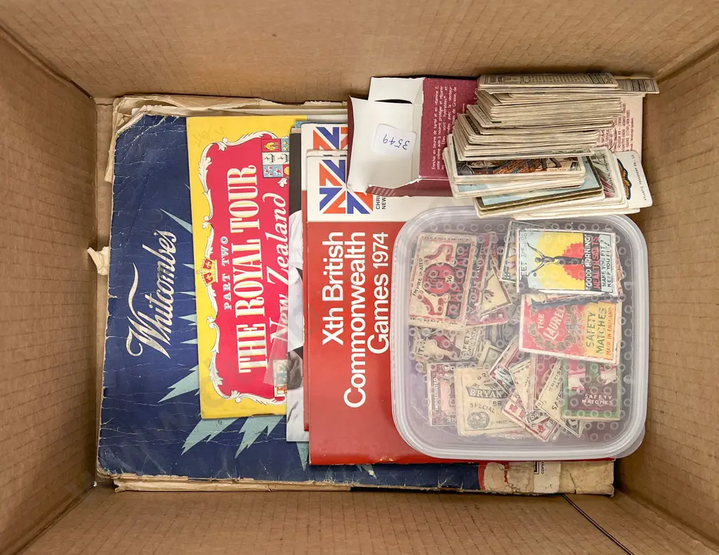 Box of Assorted Vintage Incl. Cigarette Cards with Commonwealth Game Records and Assorted Magazines Image 1++