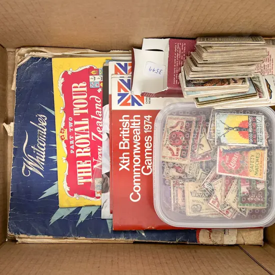 Box of Assorted Vintage Incl. Cigarette Cards with Commonwealth Game Records and Assorted Magazines
