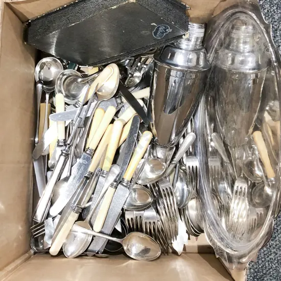 Box of Assorted S/P Cutlery Etc.