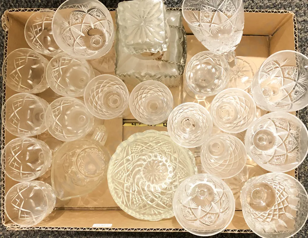 Box of Assorted Crystal and Pressed Glass Incl. Decanter Image 1++