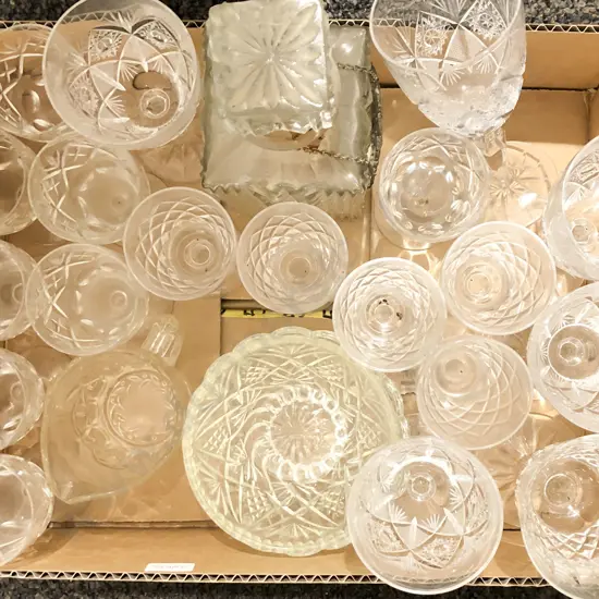 Box of Assorted Crystal and Pressed Glass Incl. Decanter