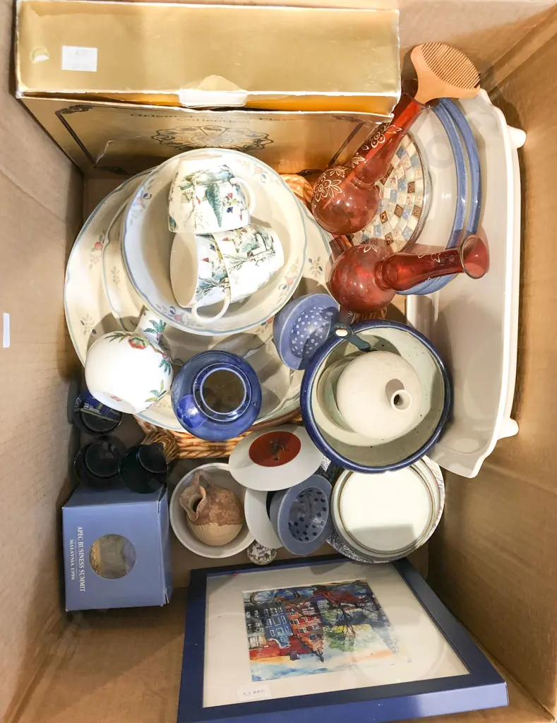 Box of Assorted Incl. China with Glassware and Framed Work Etc. Image 1++