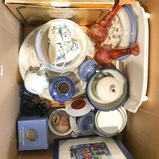 Box of Assorted Incl. China with Glassware and Framed Work Etc.
