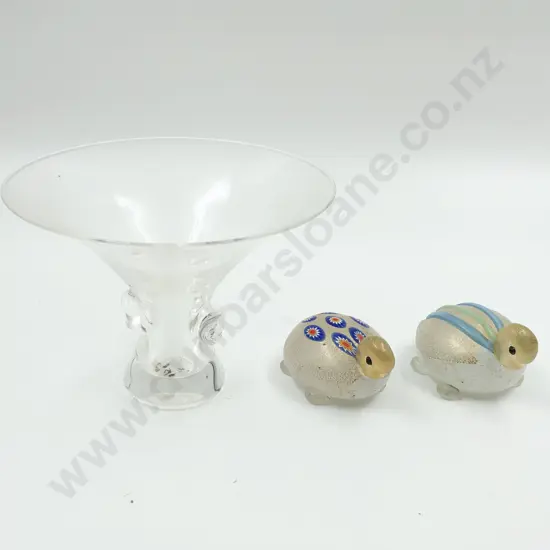Two Murano Art Glass Turtles Together With Signed Art Glass Vase