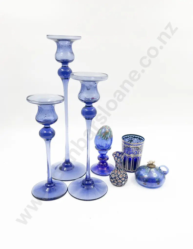Graduated Set of Three Blue Glass Candle Holders Together With Other Assorted Blue Glass Image 1++