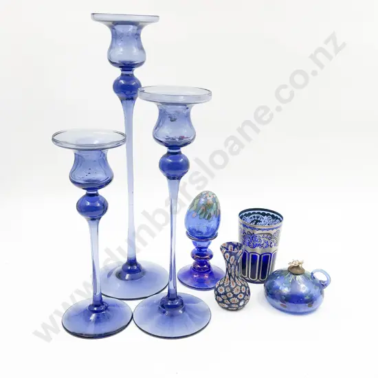 Graduated Set of Three Blue Glass Candle Holders Together With Other Assorted Blue Glass